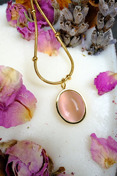 Zalifra Minimal Seri, Oval Pembe Taş Detaylı, Dorika Zincir, Çelik Kolye