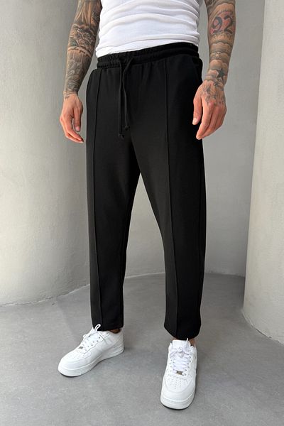 MADZEYMODA Ανδρικό μαύρο παντελόνι Jogger Boyfriend με λεπτομέρεια από ύφασμα βάφλα Mz5036