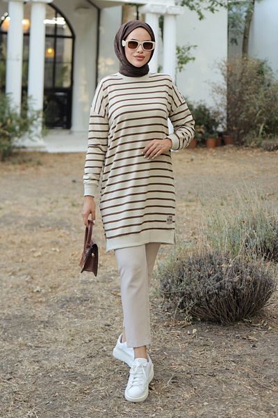 TOFİSA Women's Crew Neck Striped Crested Tunic - 26564 Brown - 26564