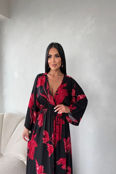 LİLA İSTANBUL Double Breasted Neckline Viscose Fabric Floral Patterned Bat Sleeve Summer Dress