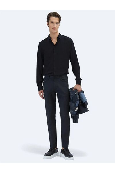 Kip Black Plain Woven Fitted Fit Casual Cotton Blended Trousers