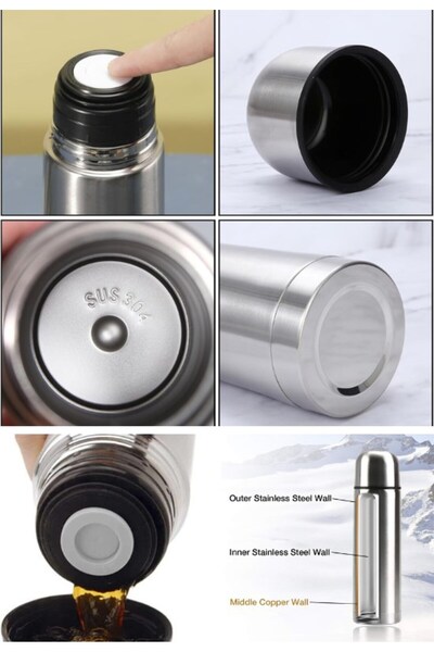 HediyeFilesi 1 Lt Double Layer Sus 304 Steel Inox Thermos, Milk-Food-Camping-Picnic Thermos up to 12 Hours Hot and Cold