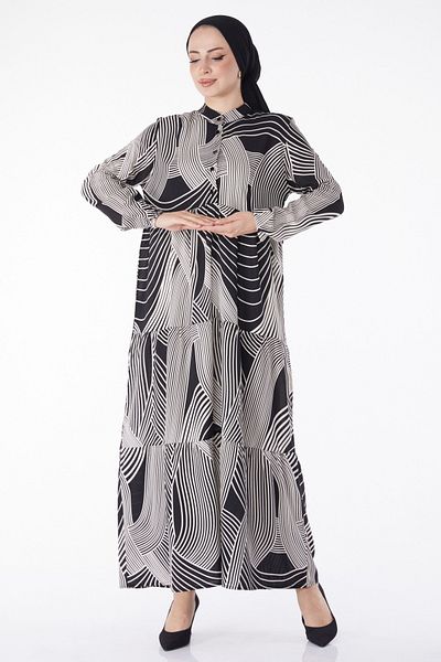 TOFİSA Striped Patterned Dress Black White - 25244