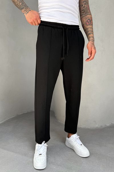 MADZEYMODA Ανδρικό μαύρο παντελόνι Jogger Boyfriend με λεπτομέρεια από ύφασμα βάφλα Mz5036
