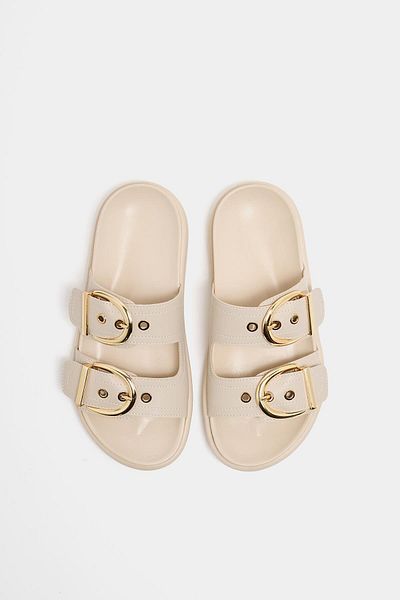 Madamra Cream Women's Double Buckle Stylish Daily Slippers