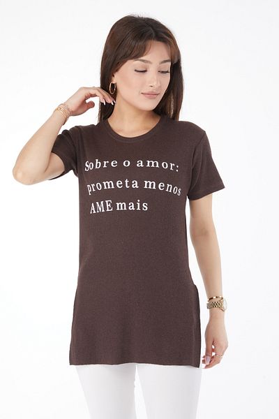 TOFİSA Printed Slit T-Shirt Brown - 24792