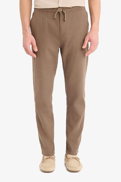 DeFacto 100% Cotton Linen Look Trousers Elastic Waist Slim Fit Slim Fit Pocket Straight Leg D2671Ax25Sm