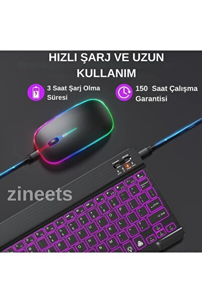 Zineets Beyaz Rgb Işıklı Kablosuz Bluetooth Klavye Mouse Seti Tablet Telefon Windows Uyumlu