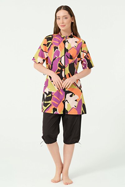 ALFASA Patterned Half Sleeve Half Covered Swimsuit