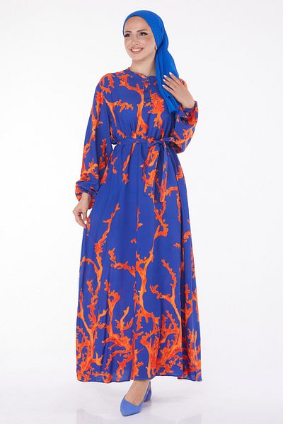 TOFİSA Patterned Belted Dress Orange - 25918