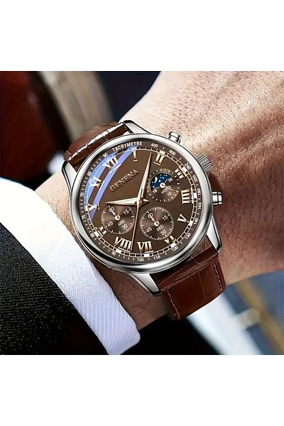 Feron accessories .Quartz Watch Roman Numerals, Brown Leather Strap, Tm02172