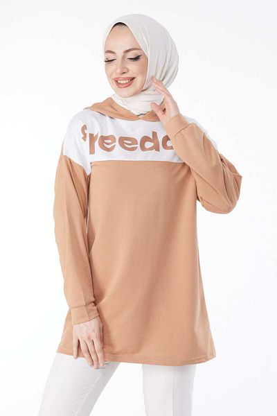 TOFİSA Printed Hooded Sweatshirt Biscuit - 13134