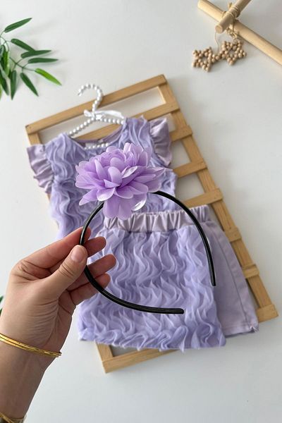 Minigimin Cicileri My Little Girl's Tulle S Detailed Girl's Crown Shorts Skirted Girl's 3-Piece Set - Lilac
