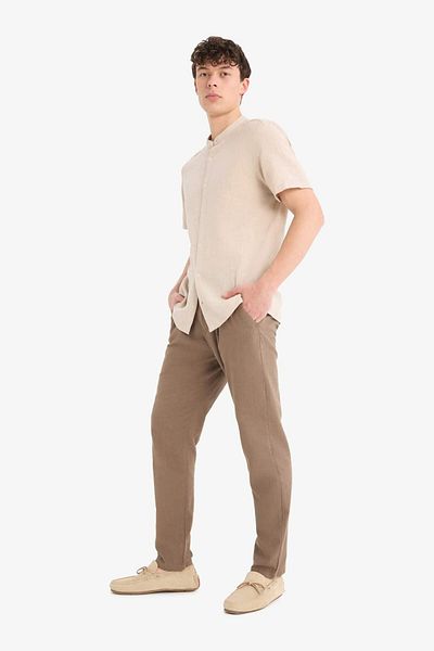 DeFacto 100% Cotton Linen Look Trousers Elastic Waist Slim Fit Slim Fit Pocket Straight Leg D2671Ax25Sm