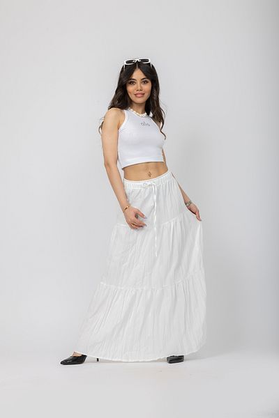 Stil Sepeti Fusta maxi din in moale, albă, cu talie elastică, cu șireturi DRL- 1000230040