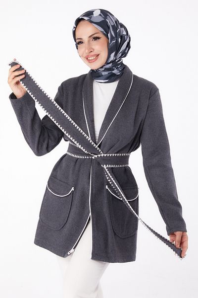 TOFİSA Ara Biye Detailed Cashmere Coat Anthracite - 13283