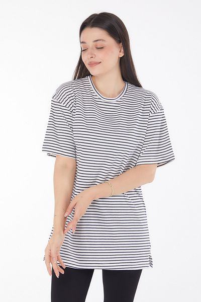 TOFİSA Striped Short Sleeve T-Shirt Navy Blue - 25762