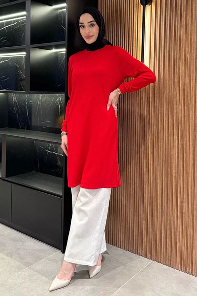 julude Red Women's Crew Neck Side Slit Detailed Hijab Tunic