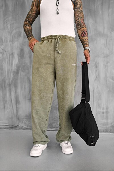 ablukaonline Erkek Baskılı Yıkamalı Baggy Fit Eşofman Haki
