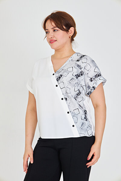 UNIQUE LADY Women S V-Neck Asymmetrical Print Blouse with Ornamental Button Detail - for Casual and Stylish Combinations