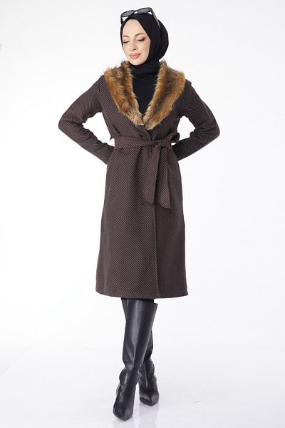 TOFİSA Women's Brown Plain Fur Collar Coat - 13127