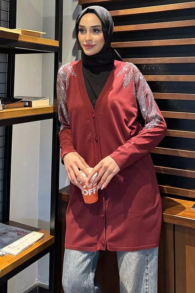 julude Burgundy Shoulder Stone Hijab Knitwear Cardigan