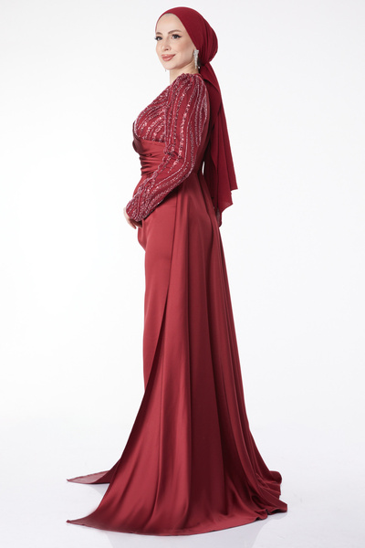 TOFİSA Suknia wieczorowa z cekinami i ogonem w kolorze bordowym - 24884