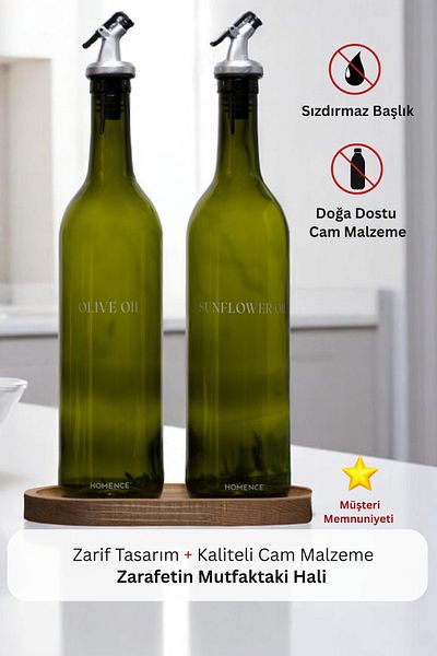 homence Set of 2 Printed Olive Oil Sunflower Oil Bottle with Wooden Stand 750ml Glass Oil Pot Oil Bottle