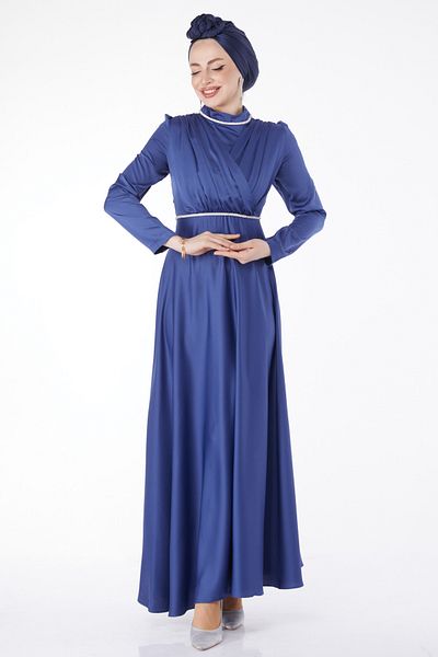 TOFİSA Straight High Collar Women's Blue Pleat Detailed Evening Dress - 24900