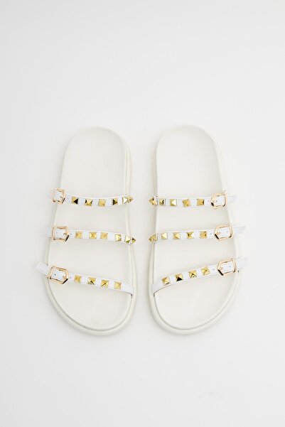 Madamra White Women's Gold Staple Detailed Trend Slippers