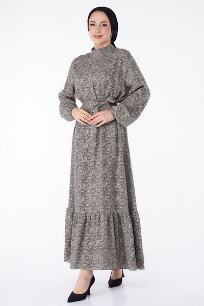 TOFİSA Belted Patterned Dress Black - 25463