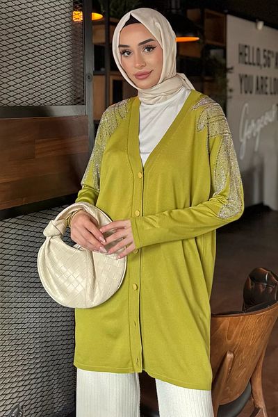 julude Oil Green Shoulder Stone Hijab Knitwear Cardigan