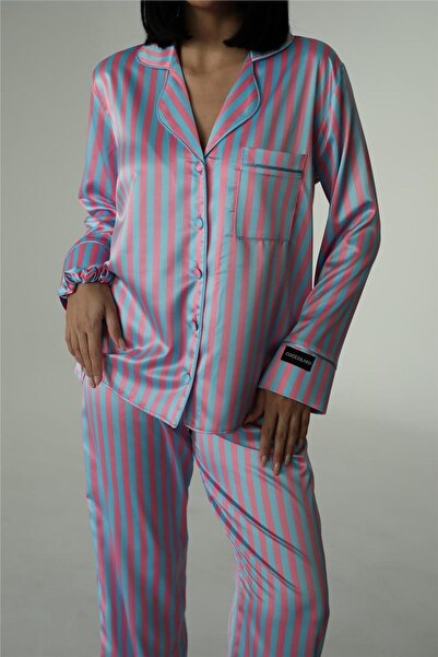 COCCOLARSI Strisce Fucsia Azzurro Saten Uzun Pijama Takımı (Geniş Beden Aralığı)