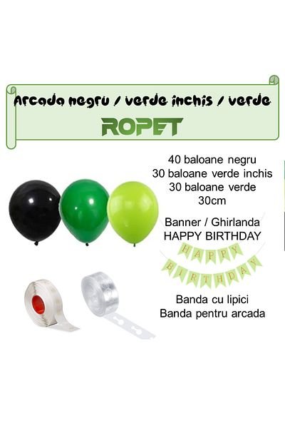 Ropet Balloon arrangement set for arch, Happy Birthday garland, 115 pcs, black and green