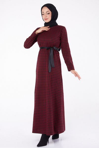 TOFİSA Belted Dress Burgundy - 13322