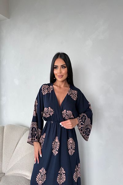 LİLA İSTANBUL Double Breasted Collar Viscose Fabric Ethnic Patterned Bat Sleeve Summer Dress