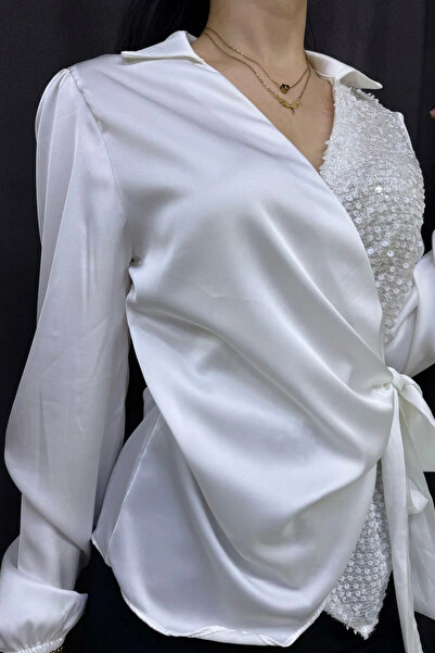 thesunfyre ΓΥΝΑΙΚΕΙΑ Σατέν μπλούζα με λαιμόκοψη V, ελαστικό μανίκι, ημι-παγιέτες, κορδόνι στο πλάι και λεπτή εφαρμογή