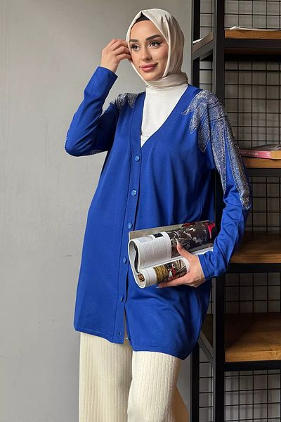 julude Sax Blue Shoulder Stone Hijab Knitwear Cardigan