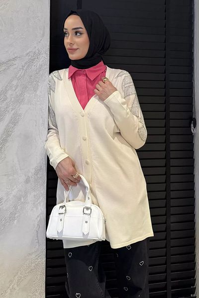 julude Cream Shoulder Stone Hijab Knitwear Cardigan