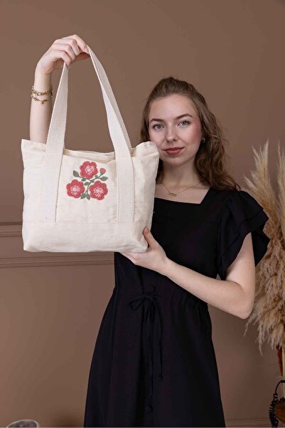OKTAYUSTA COLLECTİON Punch Işlemeli Desenli Plaj Çantası,omuz Çantası, Çıtçıtlı Kanvas Omuz Çantası