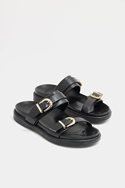 Madamra Black Women's Double Buckle Casual Slippers – Comfortable Trendy Design