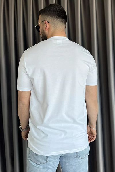 MİSHAR İTALİA Λευκό ανδρικό μπλουζάκι με λαιμόκοψη με στάμπα με λεπτομέρεια σε ρίγες