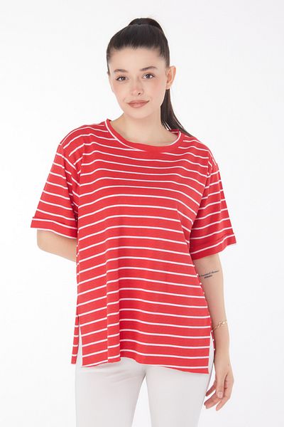 TOFİSA Striped Short Sleeve T-Shirt Red - 25840