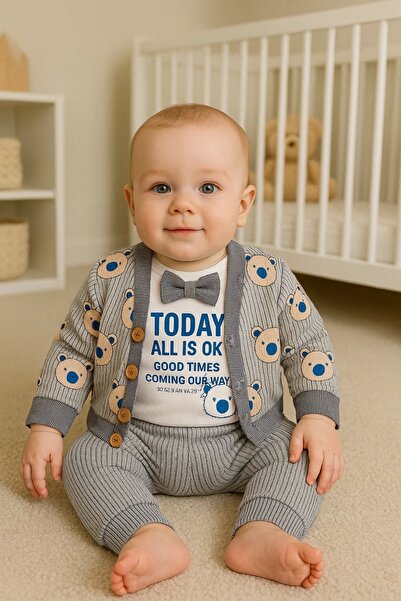 Babydonat Papyonlu Bear Çizgili Model Ceketli 3'lü Erkek Bebek Takımı