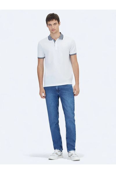 Kip Tricou alb din amestec de bumbac cu gât polo