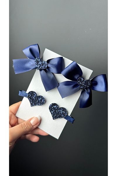 Toka Perisi Navy Blue Girl Baby Ribbon Heart & Heart Clip Buckle Set