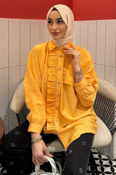 julude Orange Front Stone and Ruffle Detailed Hijab Shirt