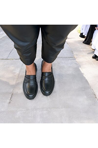 NE&VE SHOES Siyah Deri Kadın Loafer Ayakkabı
