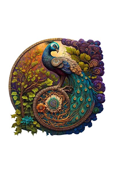 OBRO Στρογγυλό ξύλινο παζλ για ενήλικες, πολύχρωμο παγώνι, κύκλος σε μέγεθος A4