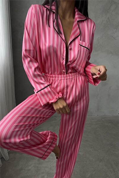 COCCOLARSI Strisce Rosa Scuro Saten Uzun Pijama Takımı (Geniş Beden Aralığı)